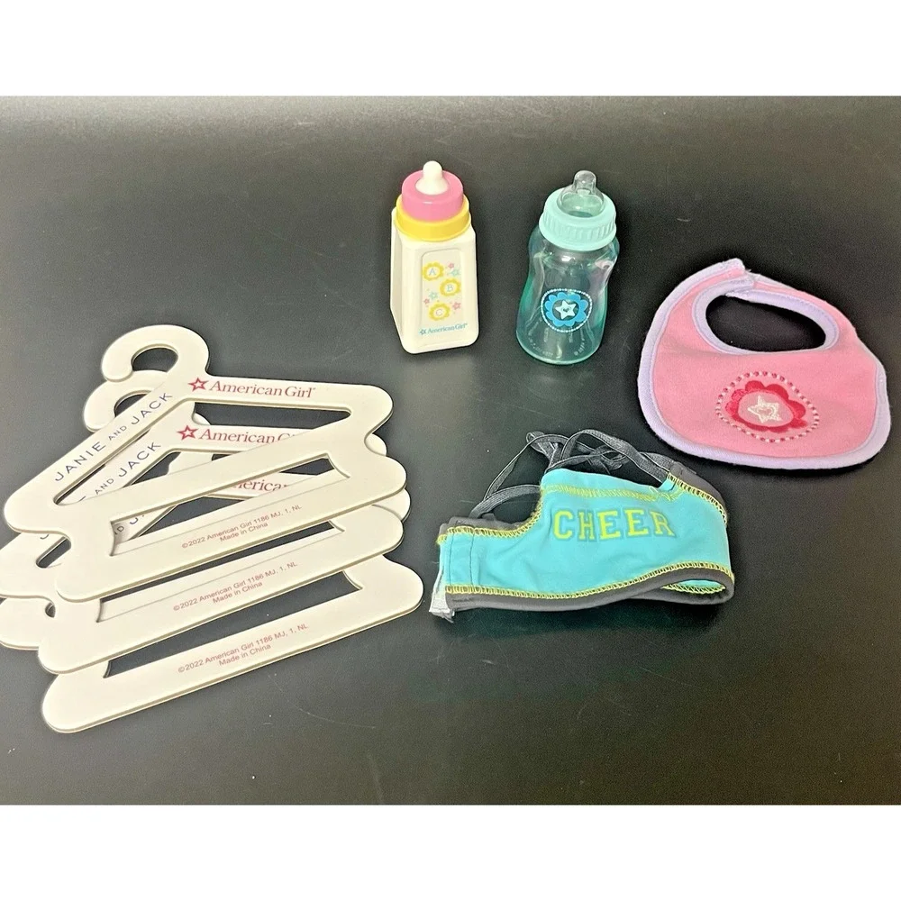 American Girl Items Set Hanger, Bottles, Cheer Top, Bib